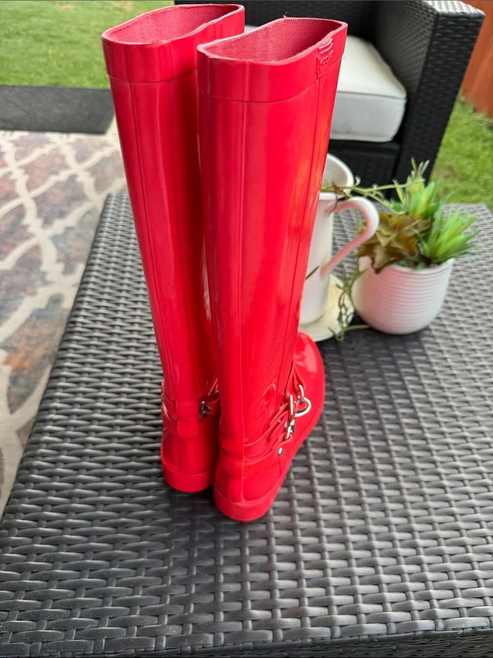 Coach rain Boots coral Red Knee-High with Chain Accent size 8 w/tags